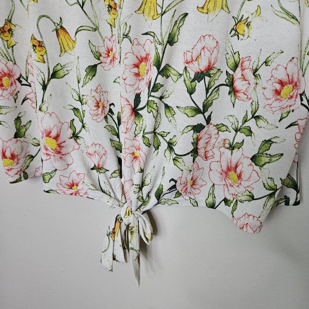 Lily White Blouse Floral Print Top Yellow Pink Green V-Neck Tie Front Casual - Picture 3 of 8